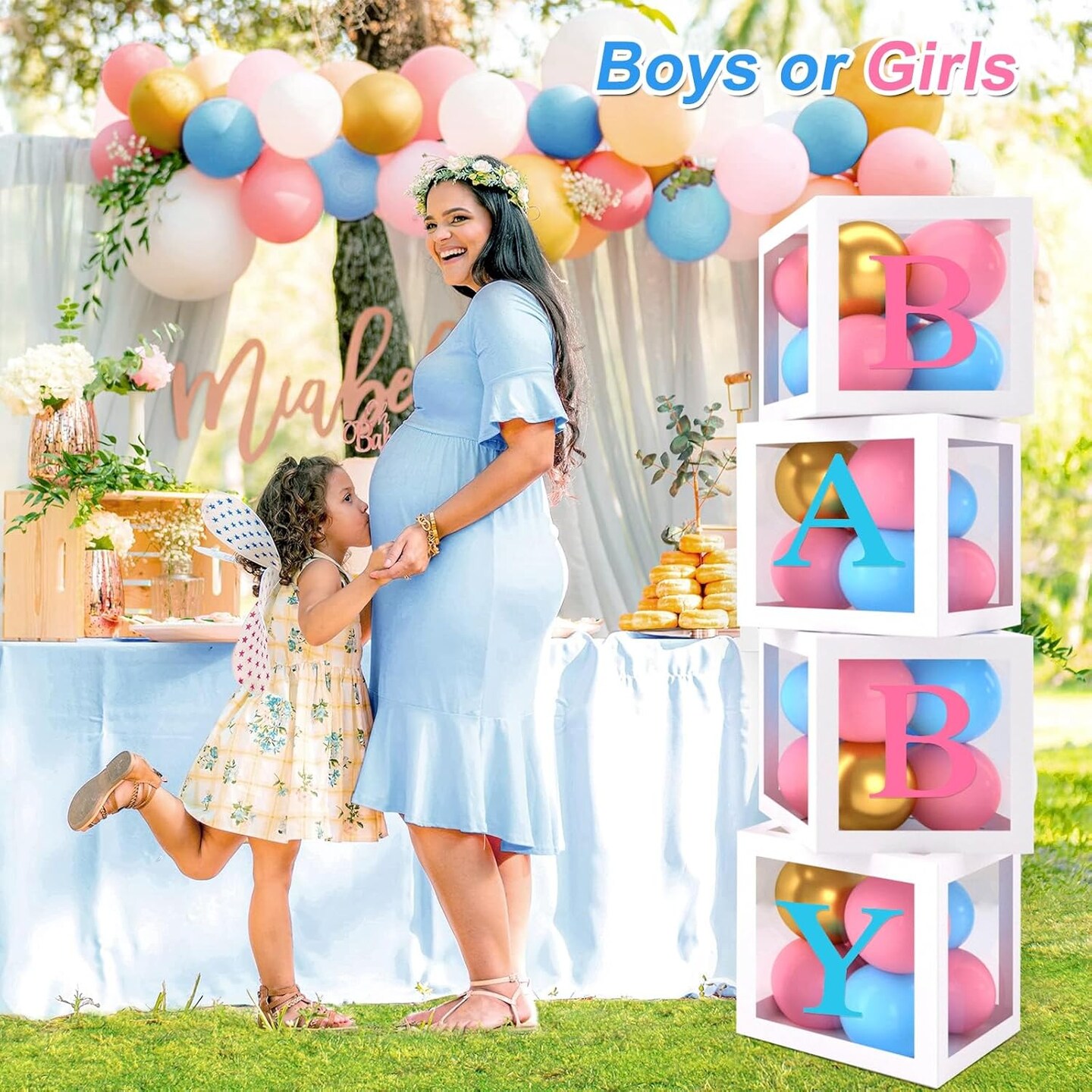 Gender Reveal Baby Balloon Boxes Decorations, Pink Blue Balloon Arch Garland Kits With 4pcs Boxes, Gender Reveal Backdrop for Baby Shower,Boy or Girl gender Reveal Party Supplies(141pcs)