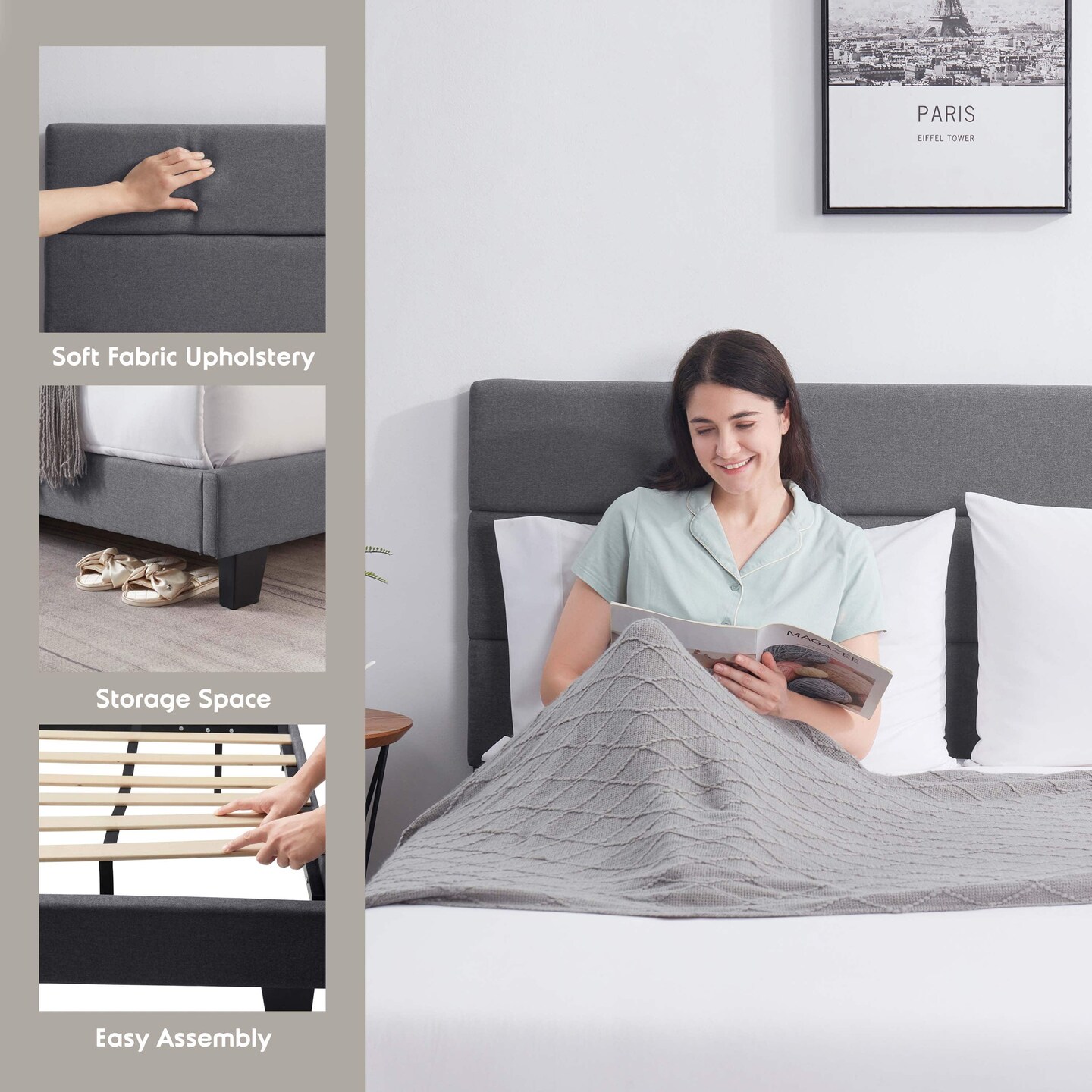 Nestl Bed Frame with Green Tea Graphite Memory Foam Mattress and Horizontal Channel Upholstered Headboard