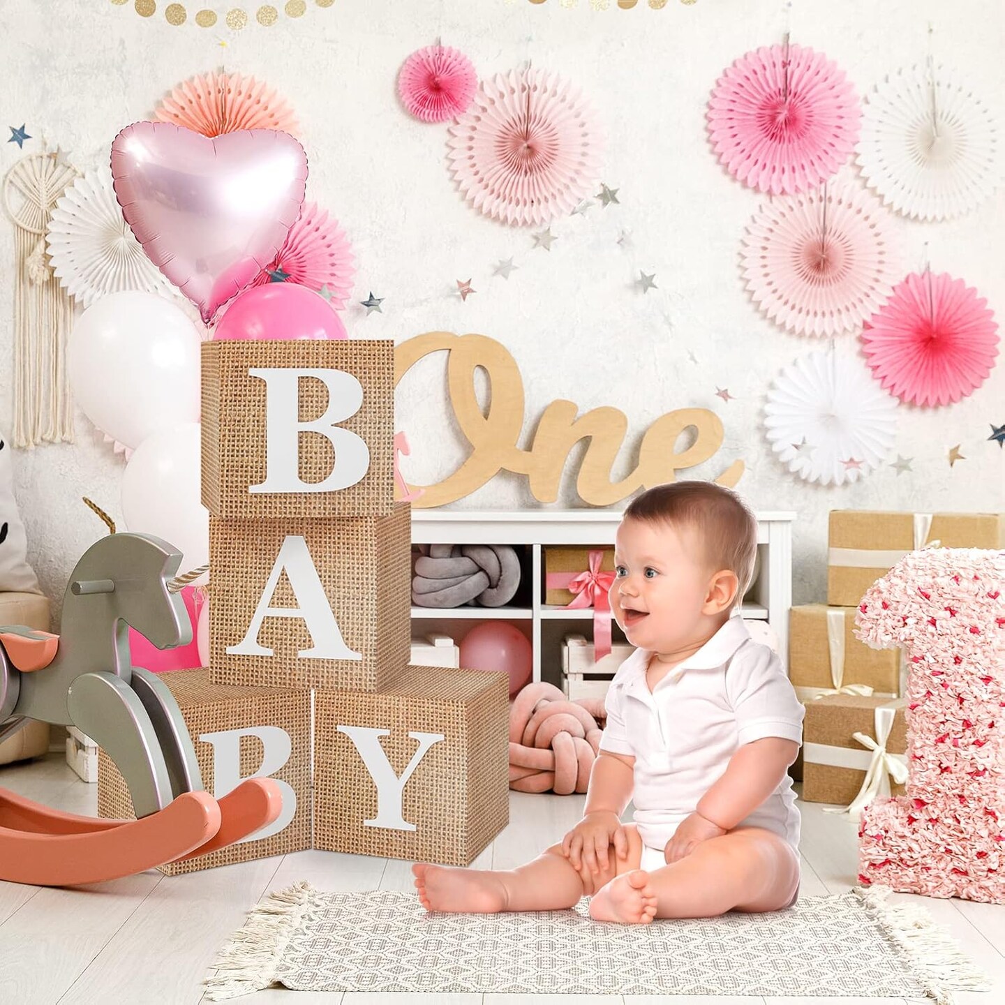Baby Boxes with Letters for Baby Shower, 4pcs Rustic Farmhouse Style Boho Balloon Boxes with Burlap Grain for Birthday Gender Reveal Decoration Backdrop Photo Props