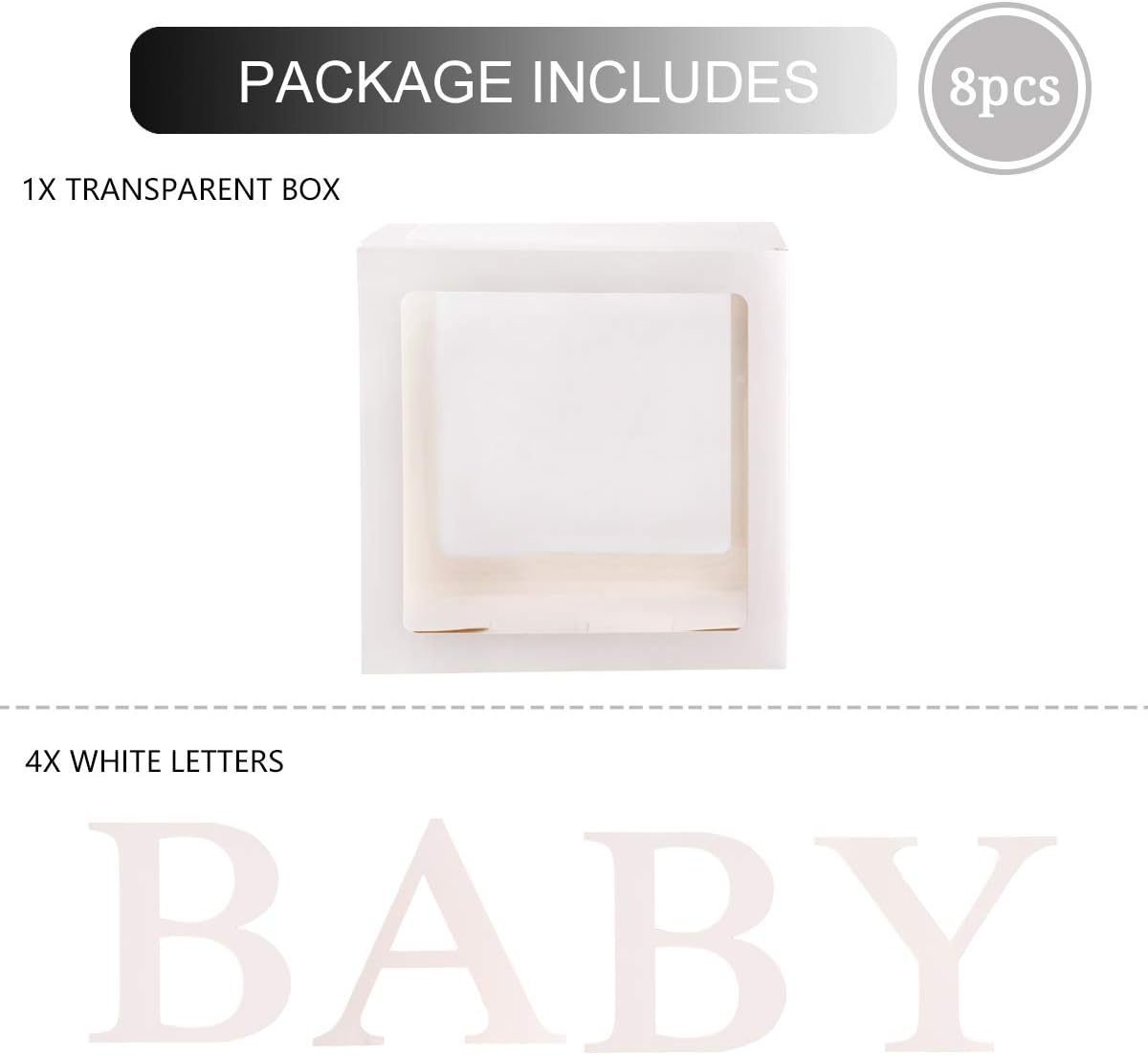 Baby Shower Boxes Party Decorations &#x2013; 4 pcs Transparent Balloons Boxes D&#xE9;cor with Letters Baby Blocks Design for Baby Shower Gender Reveal Backdrop