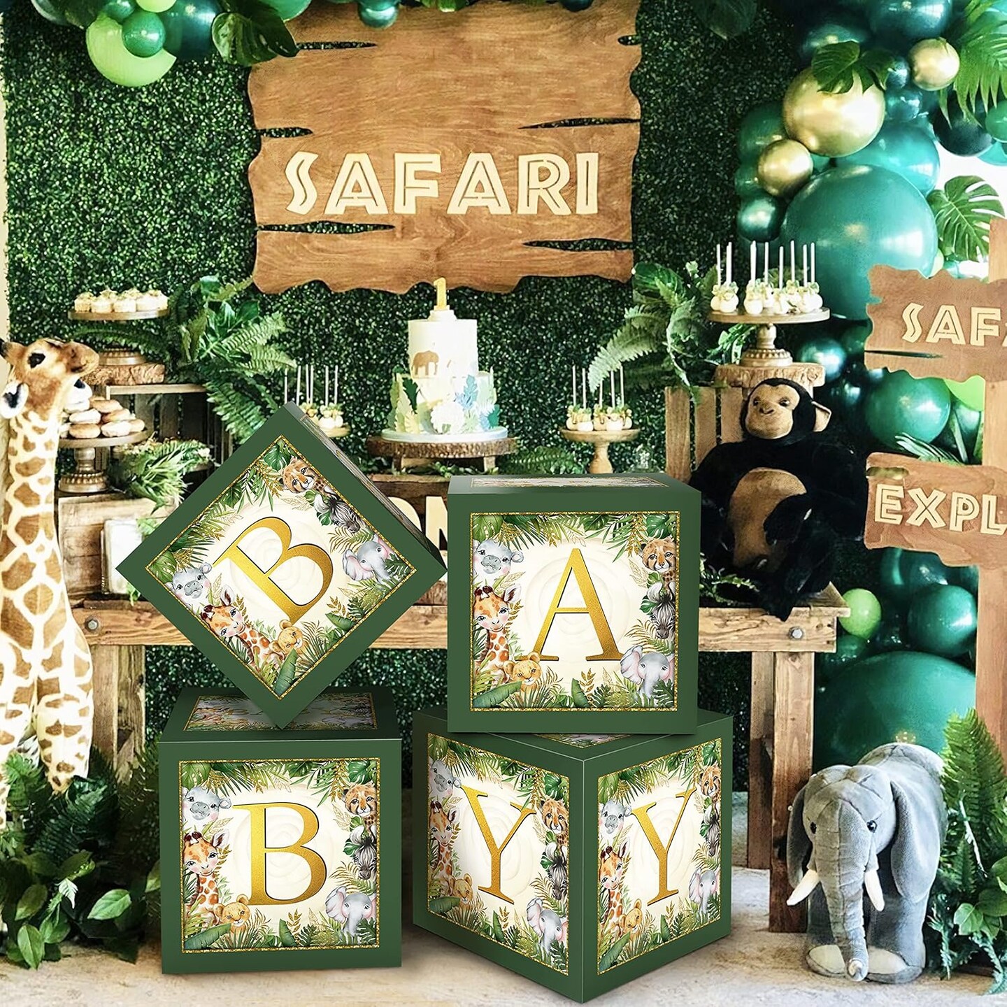 Jungle Safari Baby Boxes With Letters for Baby Shower Decorations - Animal Theme Decor Balloon Blocks for Safari Baby Shower, Gender Reveal Party Supplies (Boy/Girl)