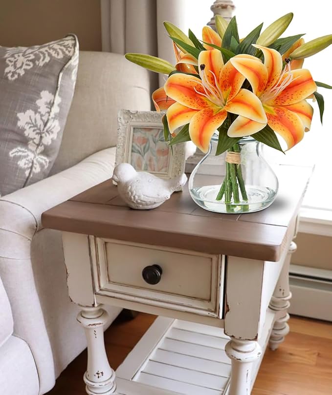 Fall Artificial Flowers in Vase Tiger Lily Real Touch Orange Silk Faux Flowers Arrangements with Glass Vase with Faux Water Fake Floral Bulk Lily Bouquet Shelf Table Centerpiece Home Decor