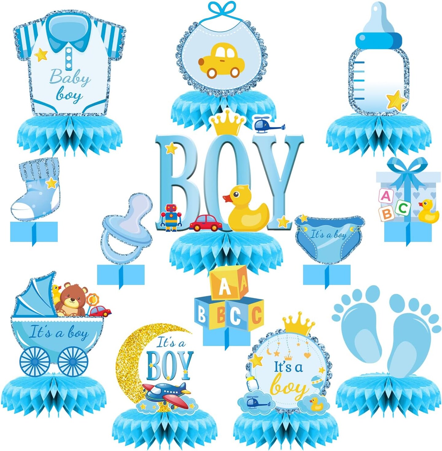 13 Pcs Centerpieces for Tables boy Honeycomb Centerpieces Baby Shower Decorations&#xFF0C;It&#x27;s a boy party supplies&#xFF0C;Gender Reveal boy Baby Shower Centerpiece for Baby boys Party Birthday Tables Decorations