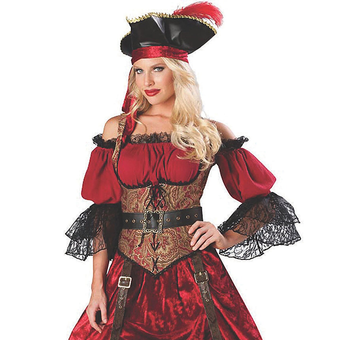 Women&#x27;s Pirate Costume Swashbucklin Scarlet Dress with Vest Petticoat Belt and Hat