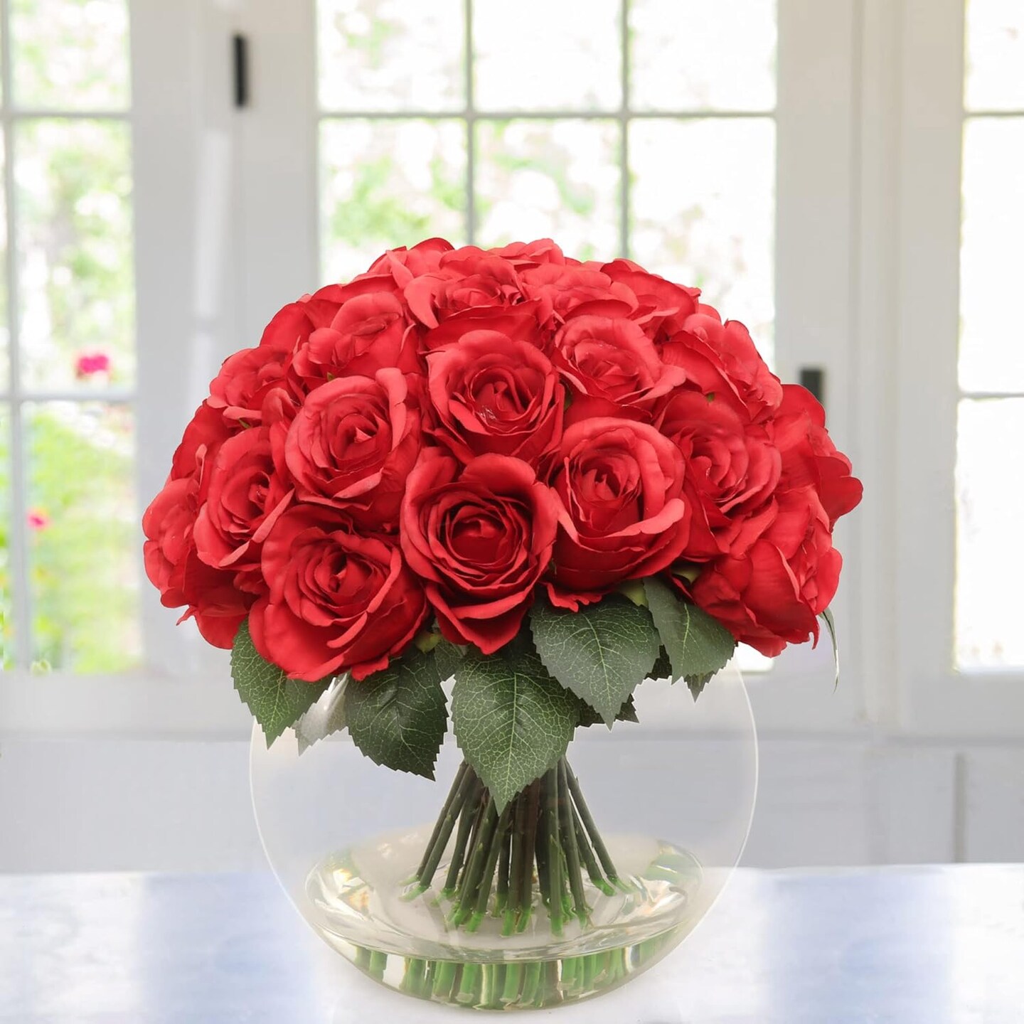 Red Rose Arrangement in Faux Water Look Glass Vase, Floral Home by Artificial Flowers