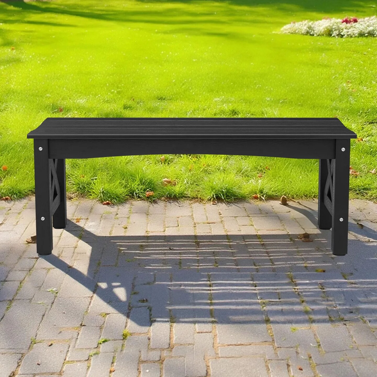 Black Plastic Backless Garden Bench with Cross-Leg Design for Comfortable 2-Person Seating