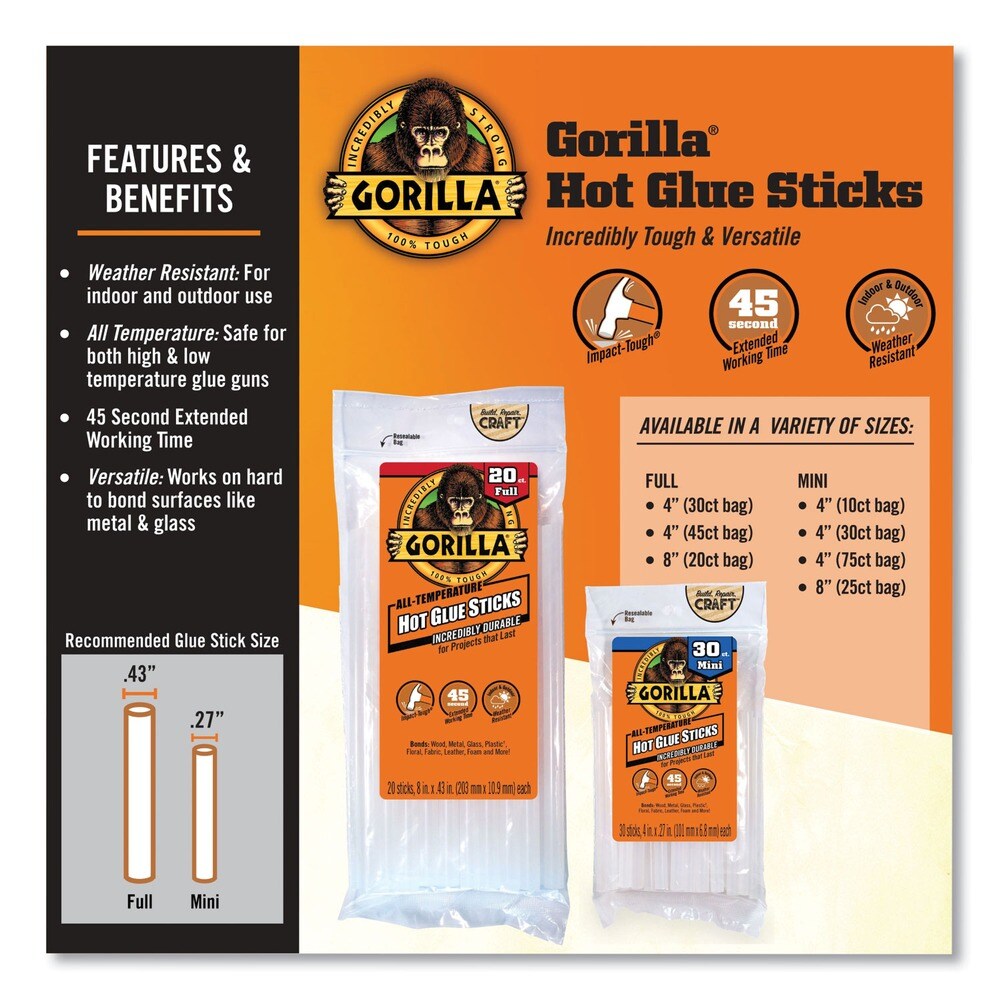 Gorilla Glue 0.27 in. Diameter x 4 in. Mini Hot Glue Sticks - Dries Clear (75/Pack)
