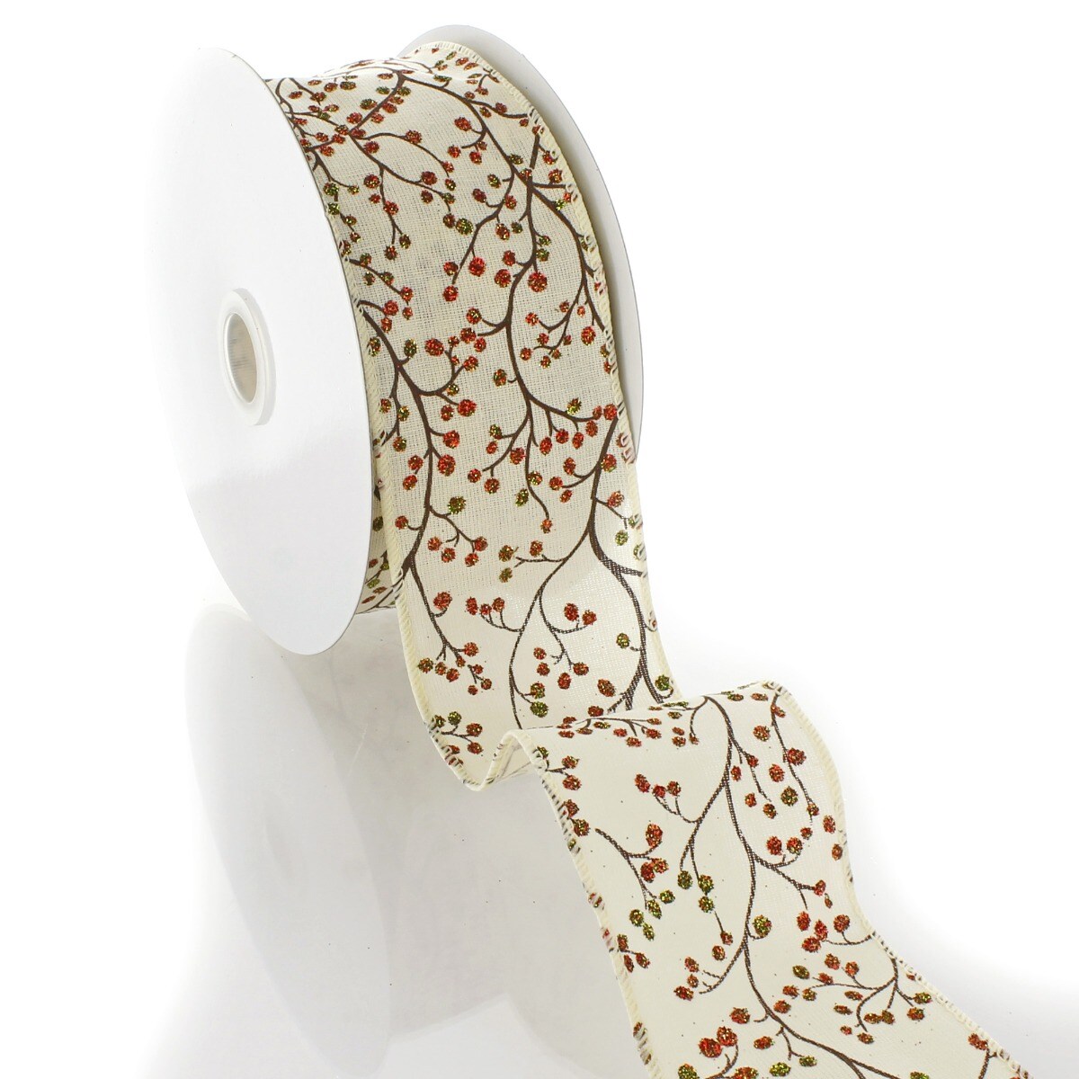 2 1/2" Wired Ribbon Berry Branch Twigs Glitter Off-White - 25 Yards