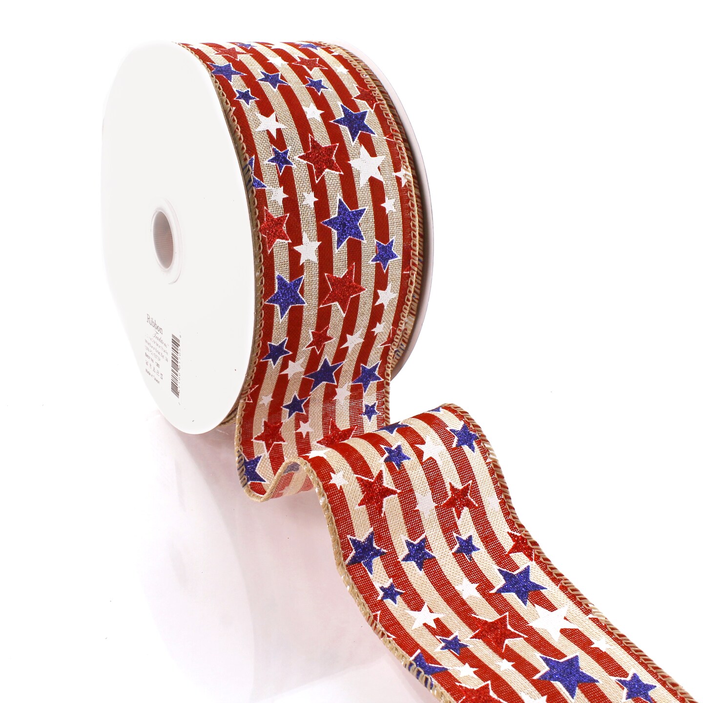2 1/2" Wired Ribbon Glitter Stars and Stripes Burlap 25 Yards