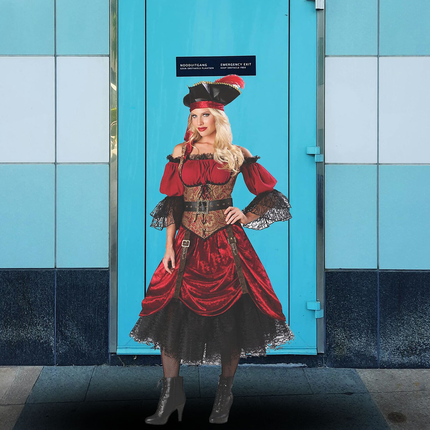 Women&#x27;s Pirate Costume Swashbucklin Scarlet Dress with Vest Petticoat Belt and Hat