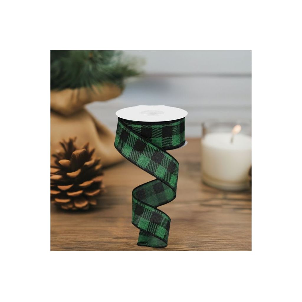 1.5&#x22; Printed Plaid Check Ribbon: Emerald Green (10 Yards)