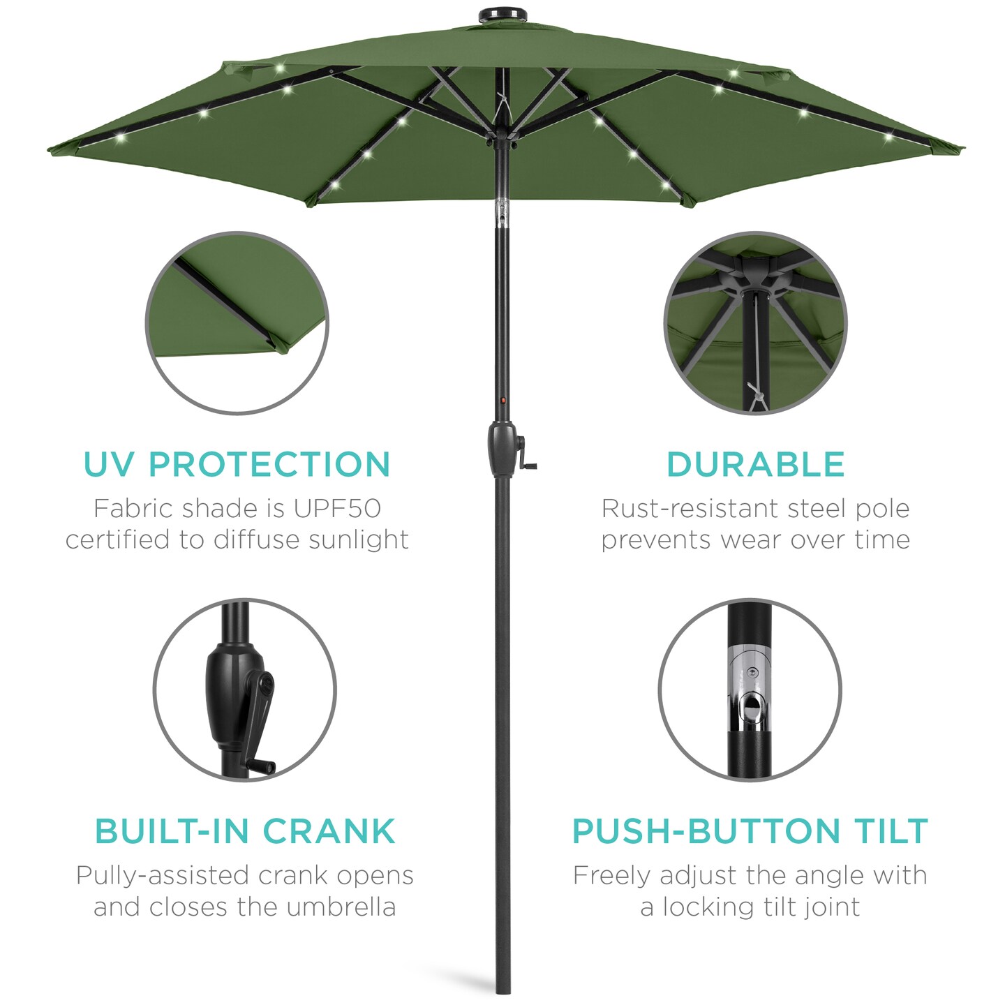 Best Choice Products 7.5ft Outdoor Solar Patio Umbrella for Deck, Pool w/ Tilt, Crank, LED Lights
