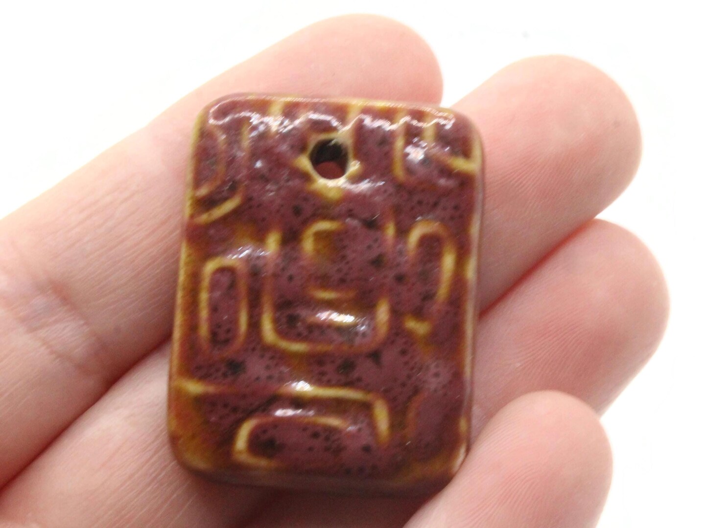 34mm Brown Porcelain Ceramic Rectangle Pendant Patterned Large Hole Bead