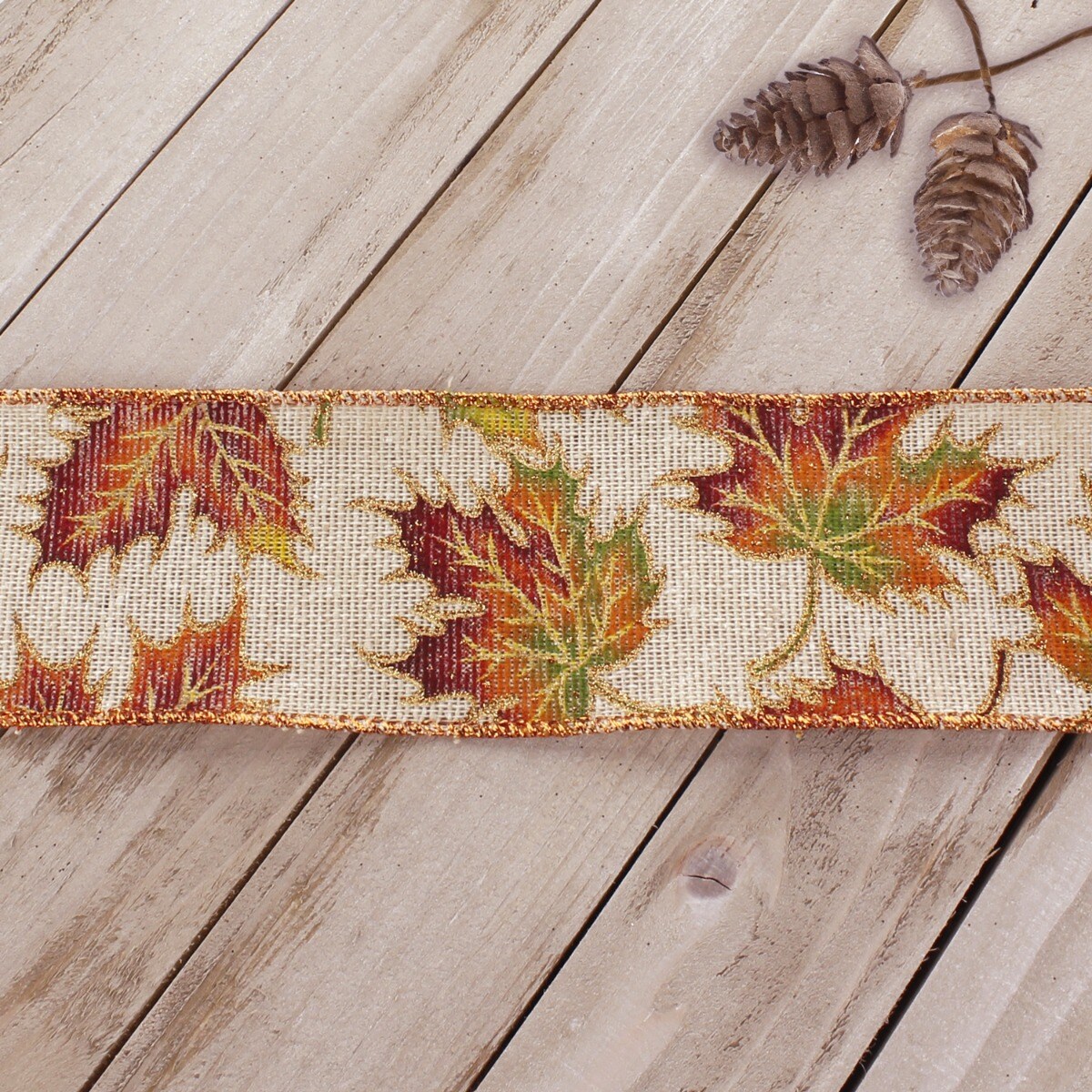 2 1/2&#x22; Wired Ribbon Fall Leaves on Natural Burlap 10 Yards