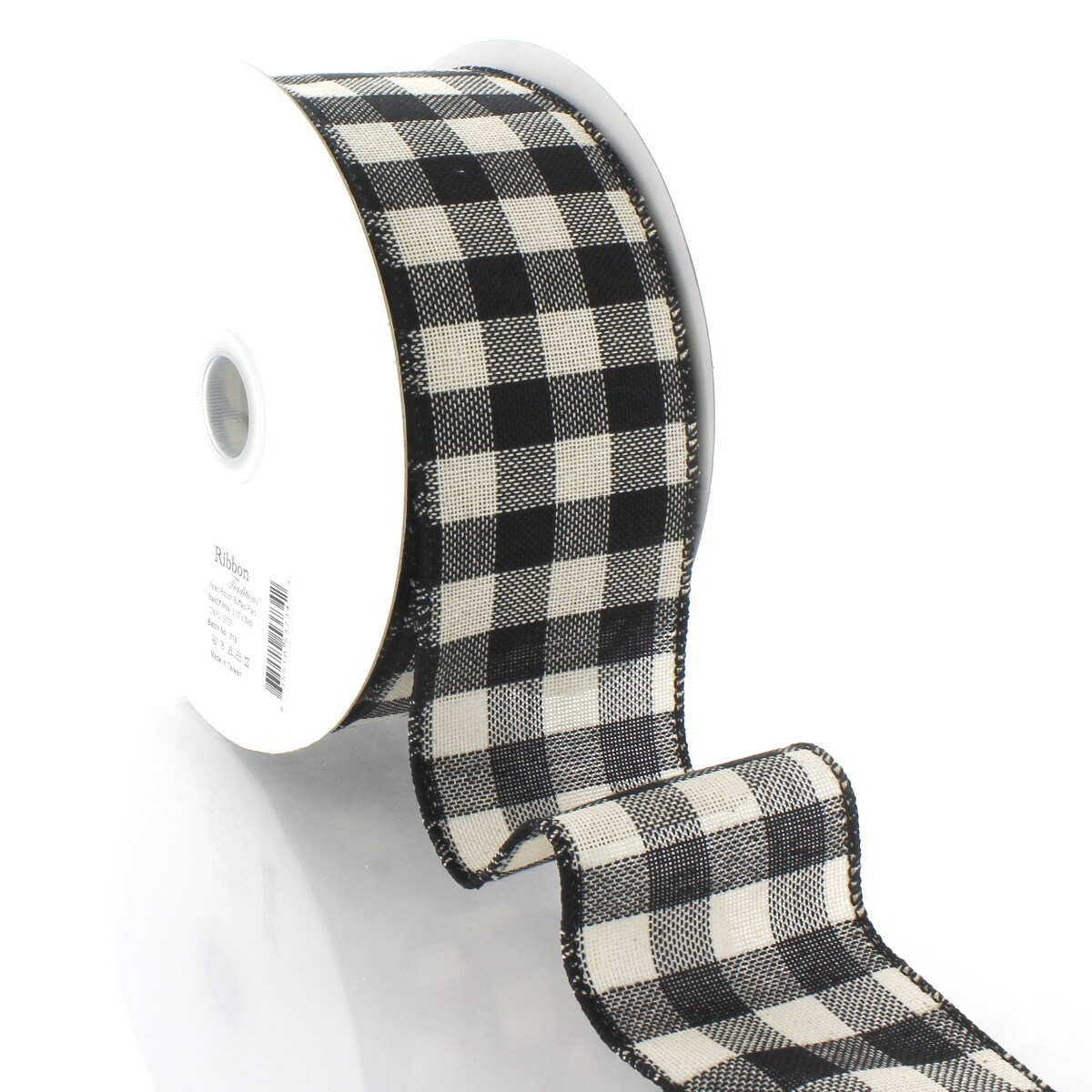 2 1/2&#x22; Wired Ribbon Buffalo Plaid Black/Off-White 10 Yards