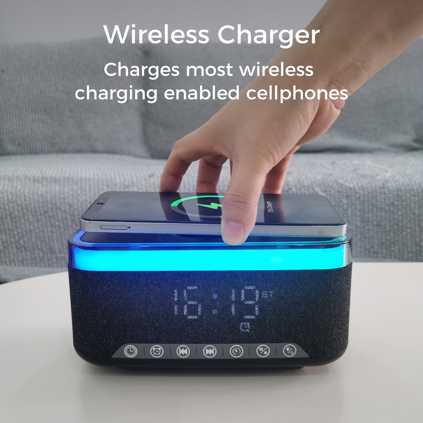 Bluetooth Speaker Alarm Clock w/ 15W Fast Wireless Charging, 13 Night Light modes, Rechargeable Battery, 10W Stereo Speaker, 12/24H Digital Clock, Sleep Timer, White Noise Mode, USB Drive