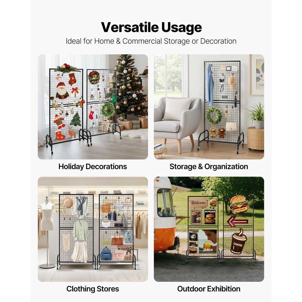 2-Pack Black Metal Grid Wall Organizer with Casters Heavy Duty Steel Panel for Retail or Home