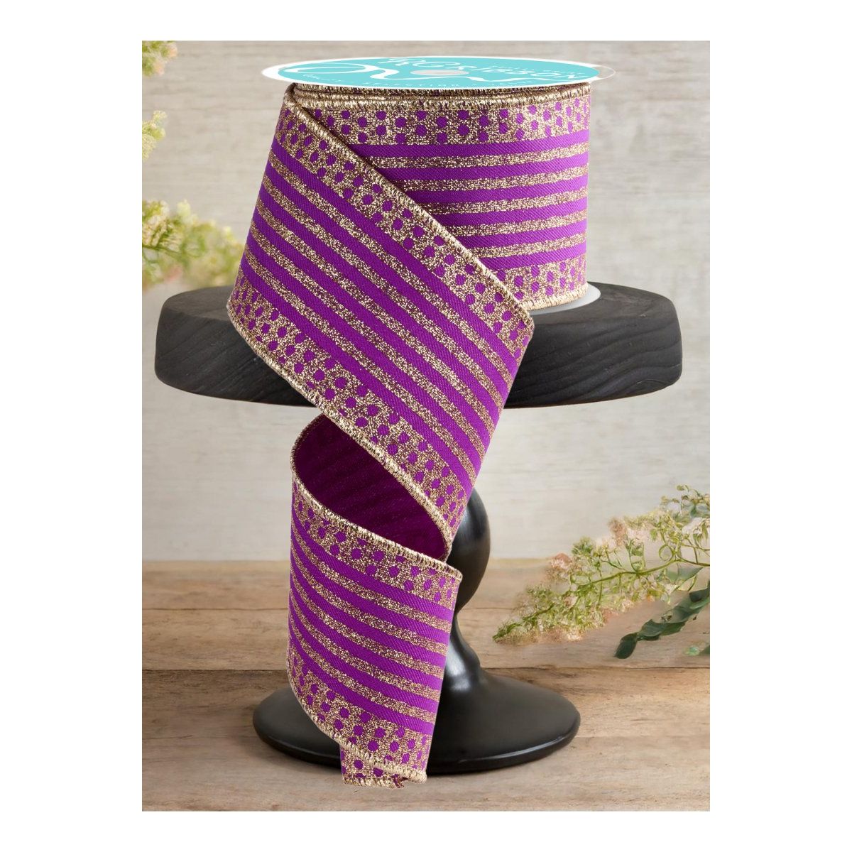 2.5&#x22; Vertical Stripe Polka Dot Edge Ribbon: Purple/Gold