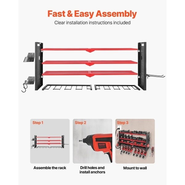 4-Tier Wall Mounted Tool Rack with 8 Drill Slots and Adjustable Shelf Pegboard Organizer (Only Rack)