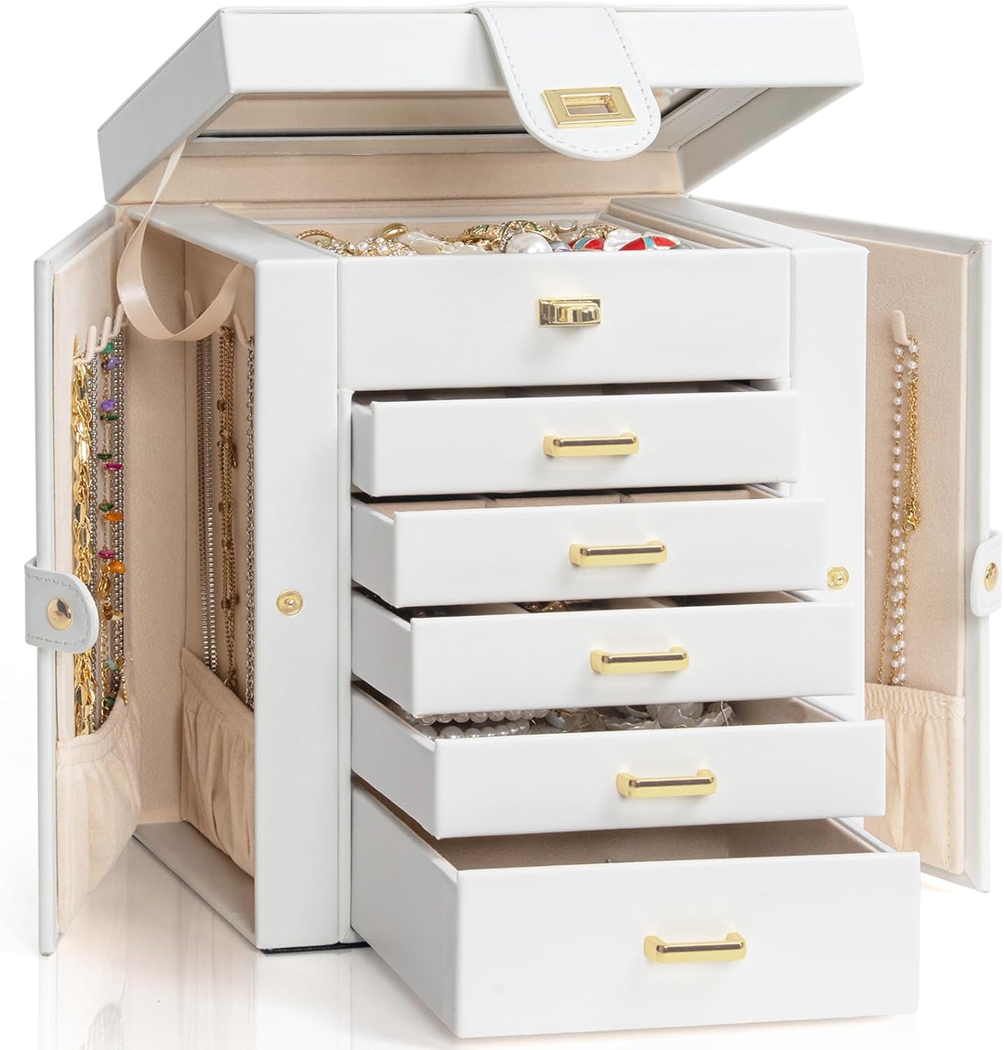 Functional 6-Tier Jewelry Box Organizer with 5 Drawers Leather Jewelry Storage Case for Women Girls Ring Necklace Earring Bracelet Holder Organizer with Mirror White