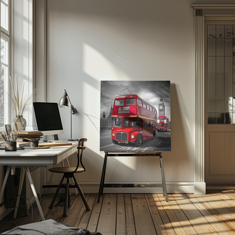 LONDON Red Buses on Westminster Bridge Square Canvas Art | Modern Home Wall Decor 24x24 Canvas - Corporate Office Art
