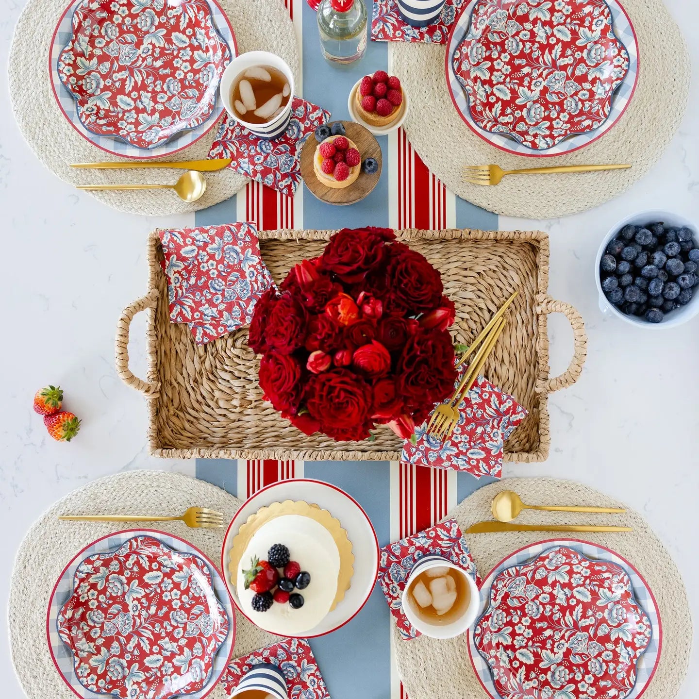 4th of July Blue Gingham Dinner Plate | Patriotic Red White and Blue Paper Plates