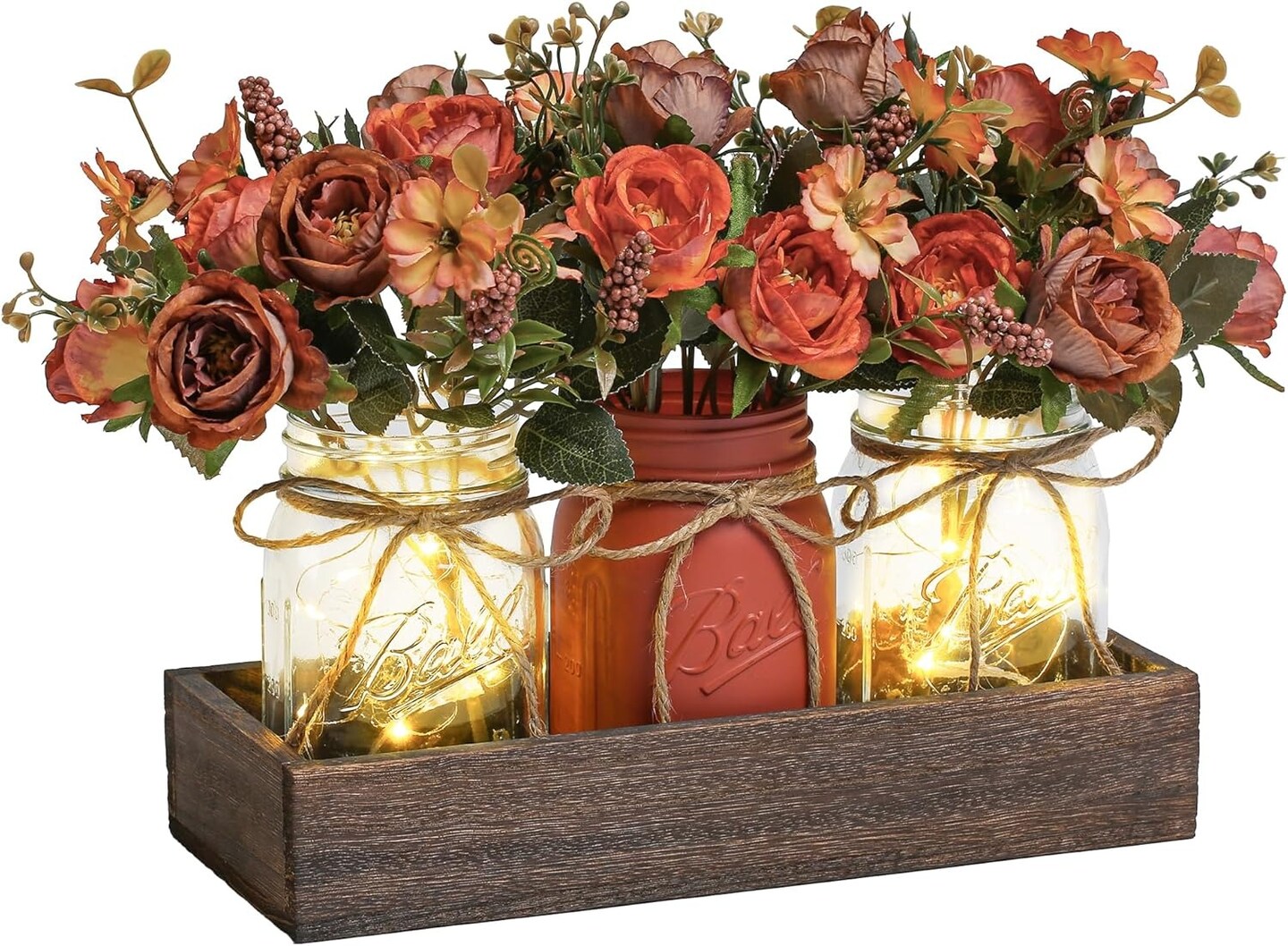 3-Piece Mason Jar Centerpiece with LED Lights & Wood Tray – Farmhouse Table Decor