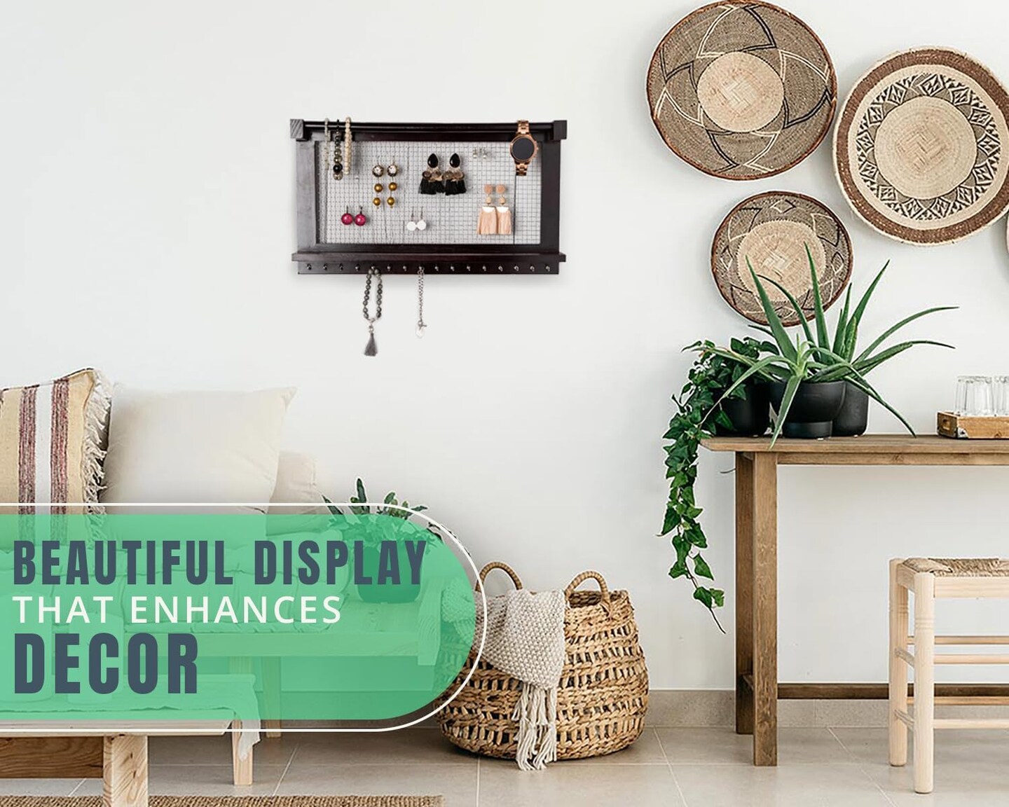Rustic Jewelry Organizer &#x2013; Wall Mounted Jewelry Holder with Removable Bracelet Rod, Shelf and 16 Hooks &#x2013; Perfect Earrings, Necklaces and Bracelets Holder &#x2013; Vintage Jewelry Display &#x2013; Dark Brown