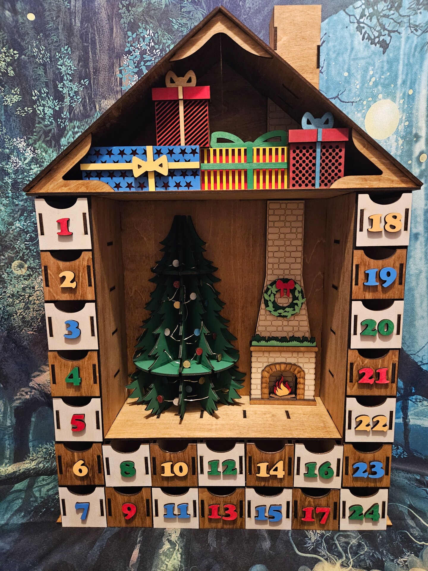 Christmas Countdown Large lighted wood advent calendar with 24 drawers to hide treats in for each day with presents and lighted tree