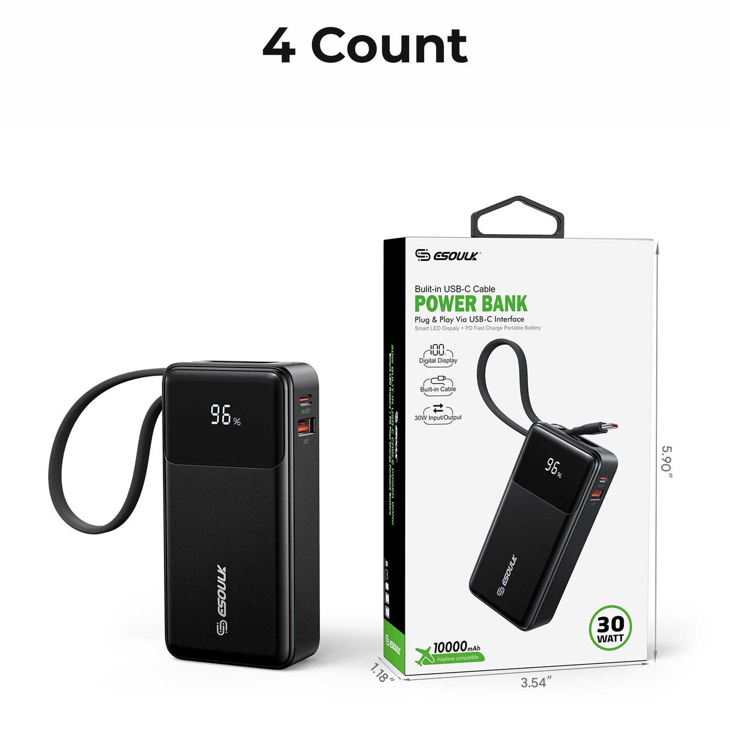 10000mAh 30W Built-In USB-C Cable Power Bank (12/48)