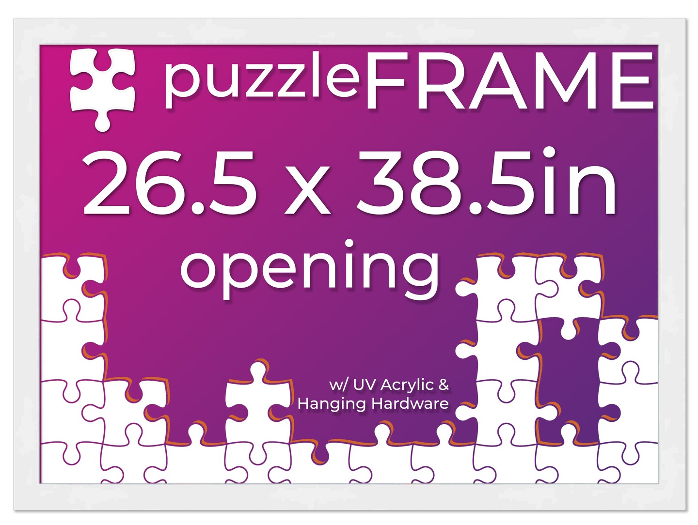 White Wood Puzzle Frame Kit with Glue Sheets, Backing, UV Acrylic - Available in 20 Popular Sizes