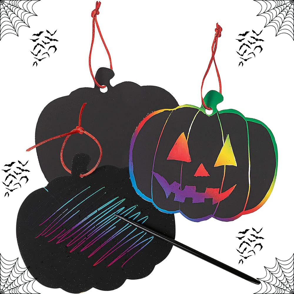 Halloween Scratch Art Trick or Treak Paper Crafts Kit Bulk Pack of Halloween Pumpkins with Magic Rainbow Colors - 24 Pumpkin Ornaments, 24 Scratch Sticks, 24 Ribbons