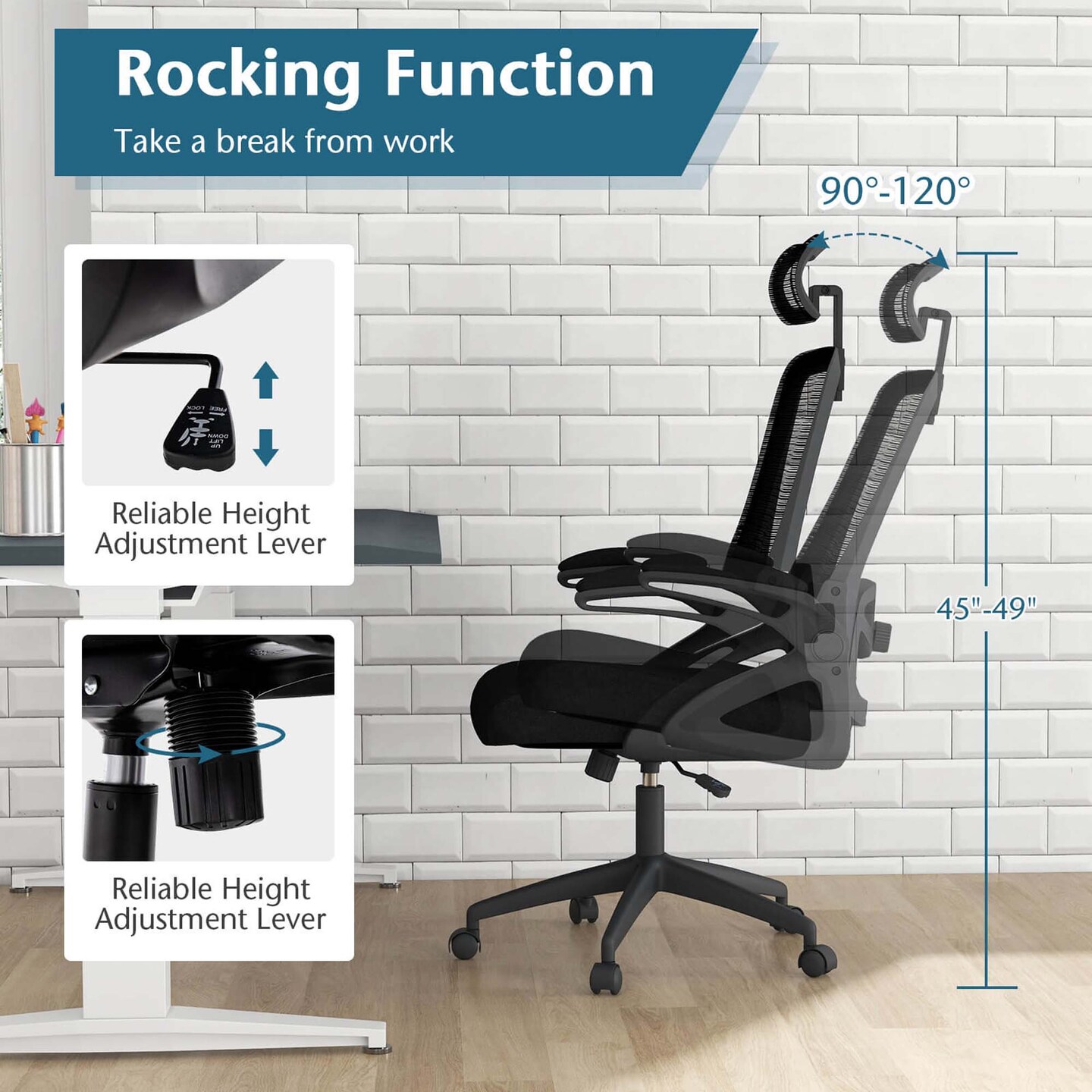 Costway Ergonomic Office Chair with Adjustable Lumbar Support Rocking Backrest Armrests Black/White