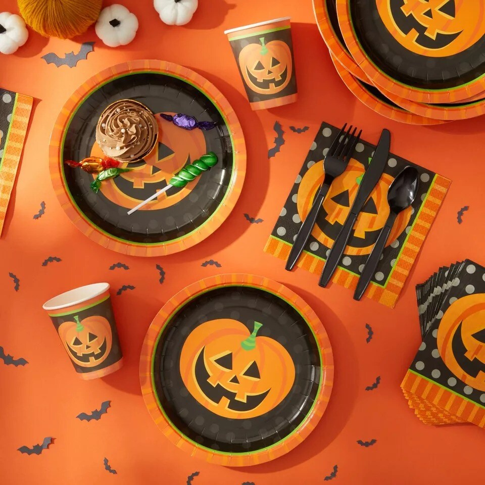 144 Piece Halloween Party Plates with Pumpkin Napkins, Cups, Cutlery, Serves 24