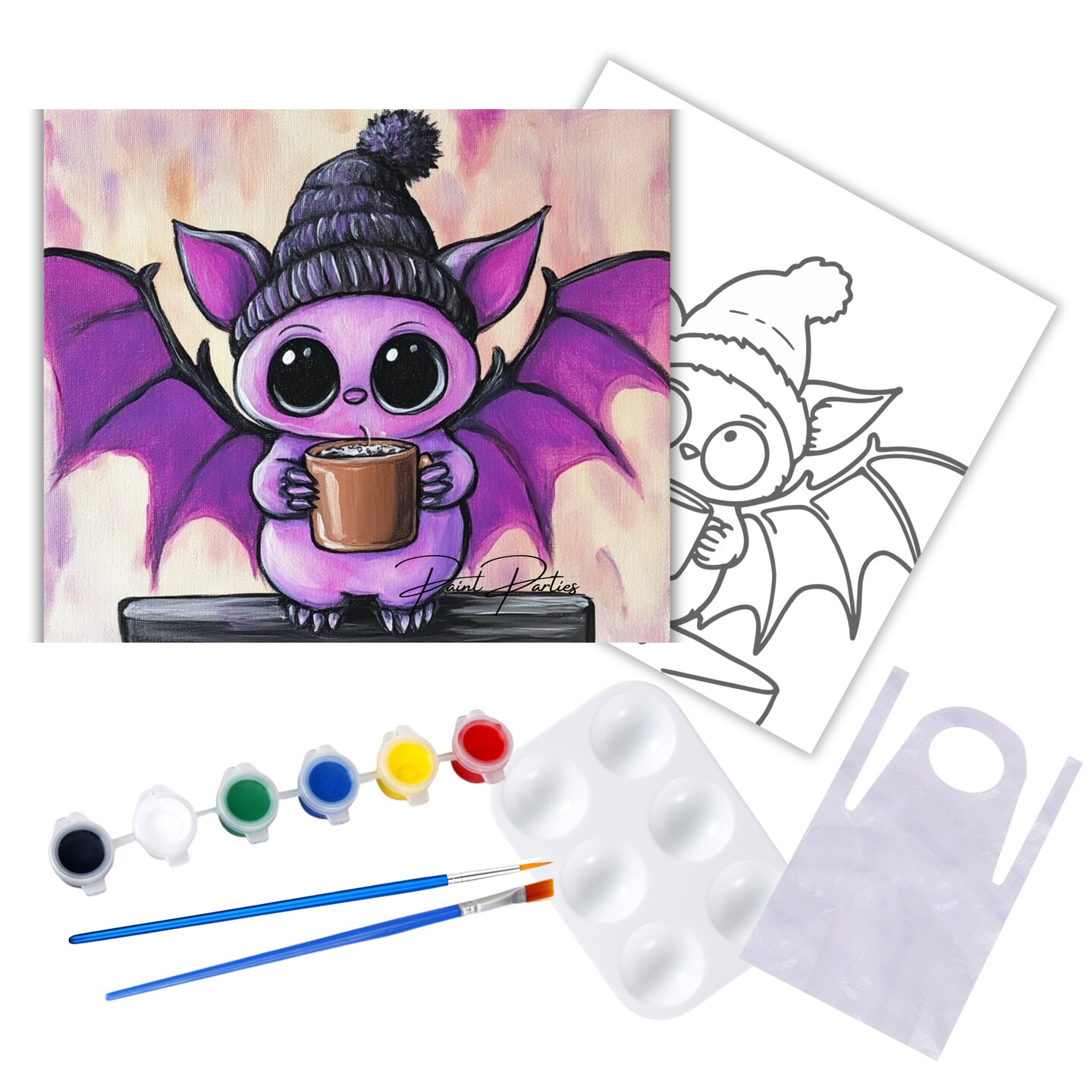 &#x22;Coffee Bat&#x22; Summerween DIY Canvas Art Kit, Adult Beginner, Acrylic Paint Size 11x14 inch