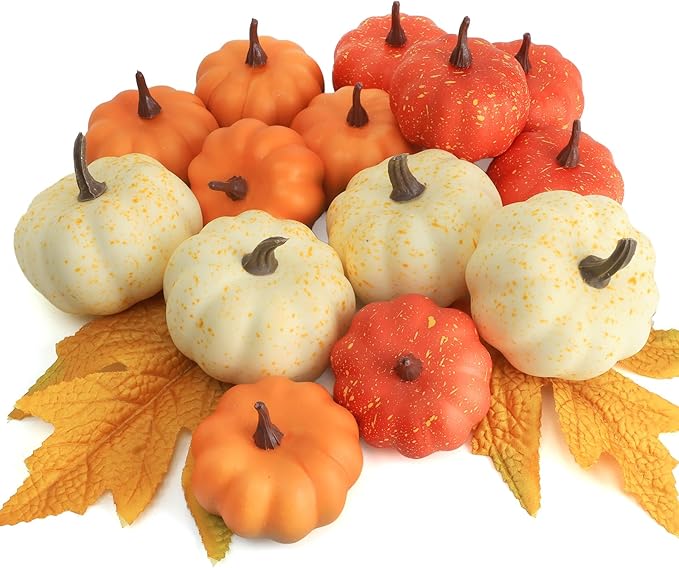 16 Pcs Realistic Mini Pumpkin Decor, Fall Decor with Pumpkins Maple Leaves, Artificial Pumpkin Decor for Autumn Filler, Realistic Pumpkin Decorations for Halloween Thanksgiving Fall Home Decor
