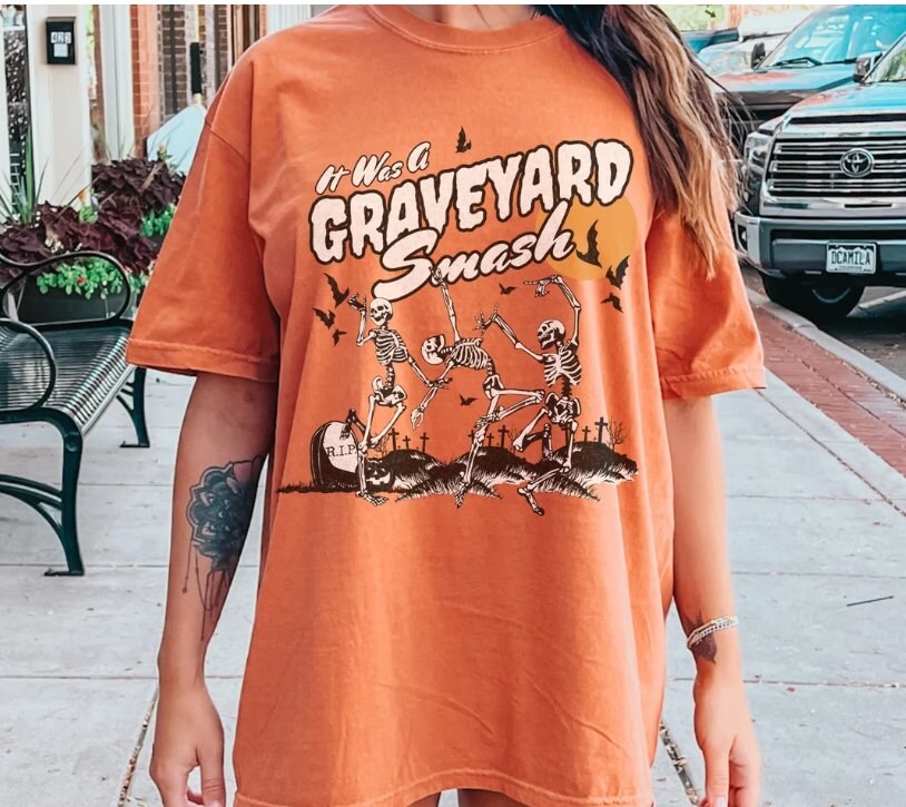 Retro Skeleton Halloween Comfort Colors Tshirt, Trendy Fall Tee, Spooky Season, Graveyard Smash Shirt