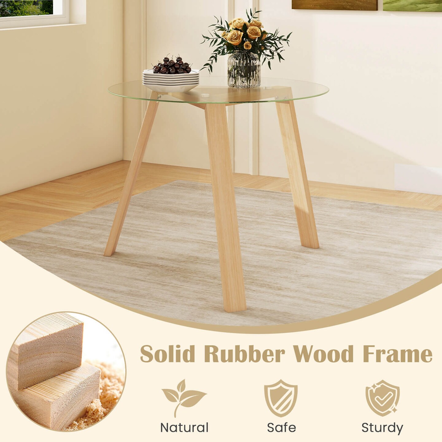 Costway 36&#x22; Round Glass Dining Table for 4 with Tempered Glass Tabletop Rubber Wood Frame Natural/Black