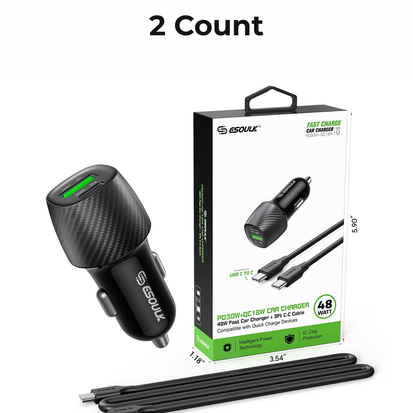 48W Car Charger + 3FT USB-C to USB-C Cable 12/48