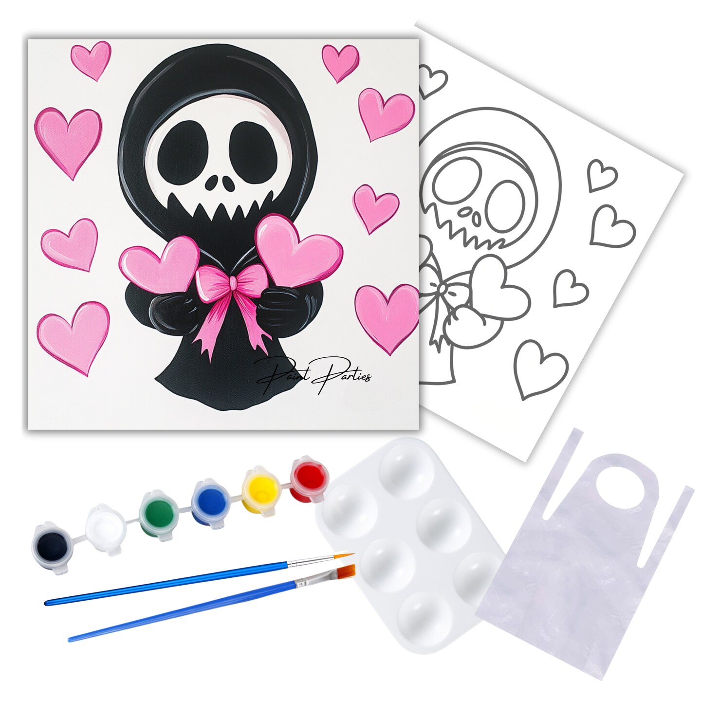 "Skeleton Hearts" Summerween DIY Canvas Art Kit, Adult Beginner, Acrylic Paint Size 11x14 inch