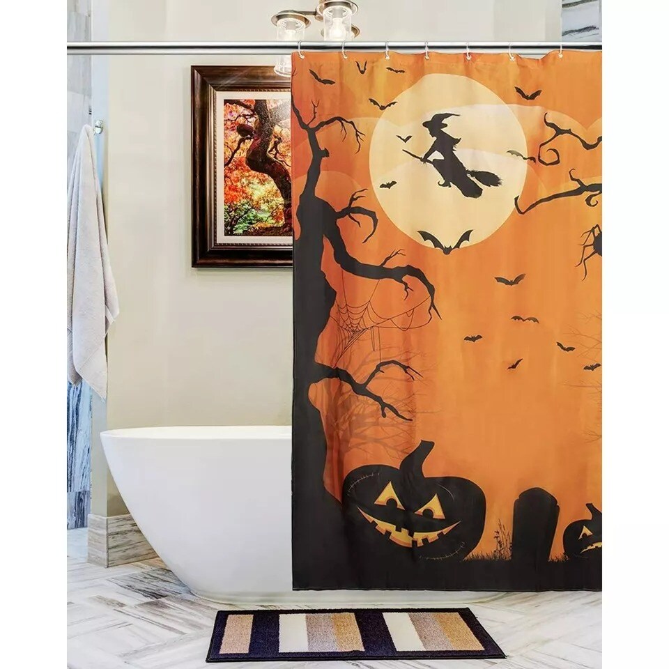 Halloween Shower Curtain with Hooks for Bathroom Party Witch Pumpkin Decor 72"