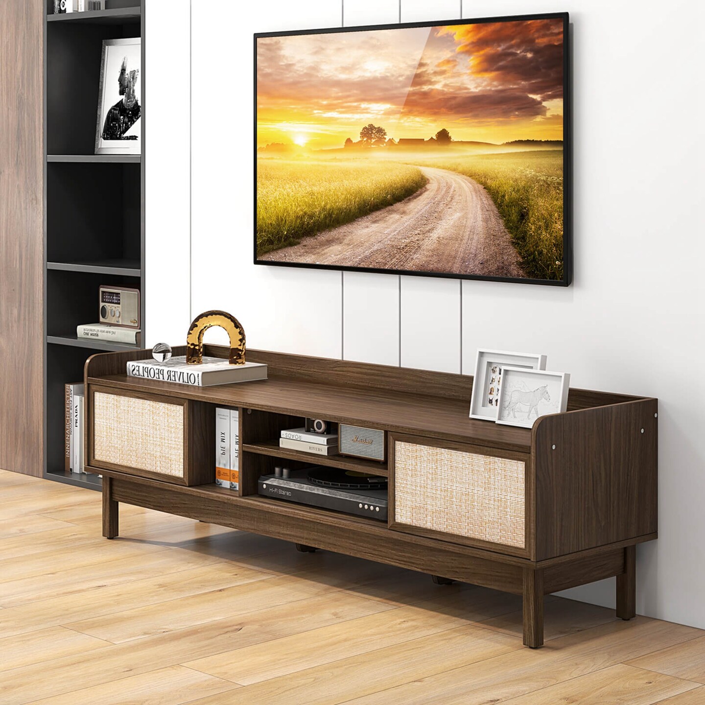 Costway Wooden TV Stand for TVs up to 65&#x22; with Storage Adjustable Shelf &#x26; Sliding Doors Walnut
