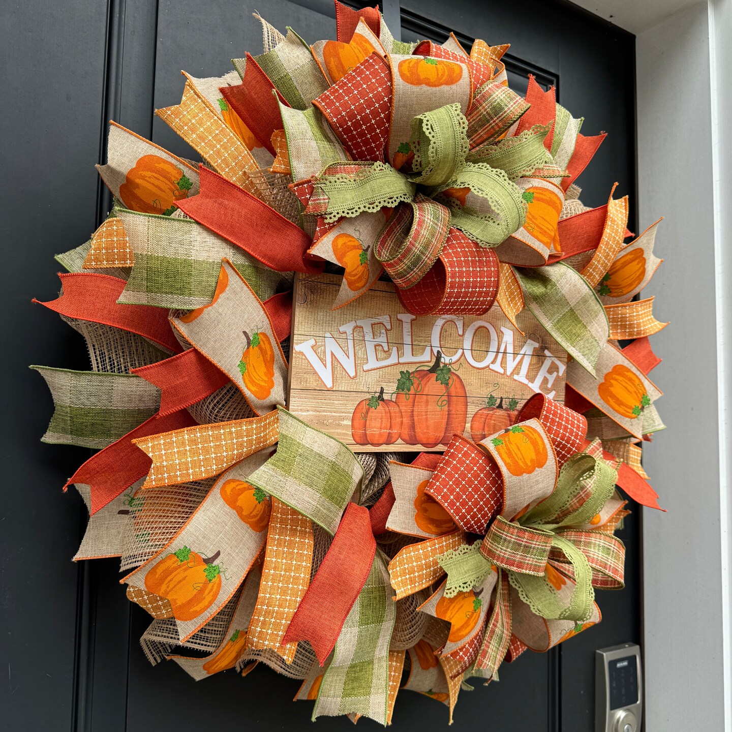 Welcome Fall Pumpkin Wreath for Front Door, Autumn Mesh and Ribbon