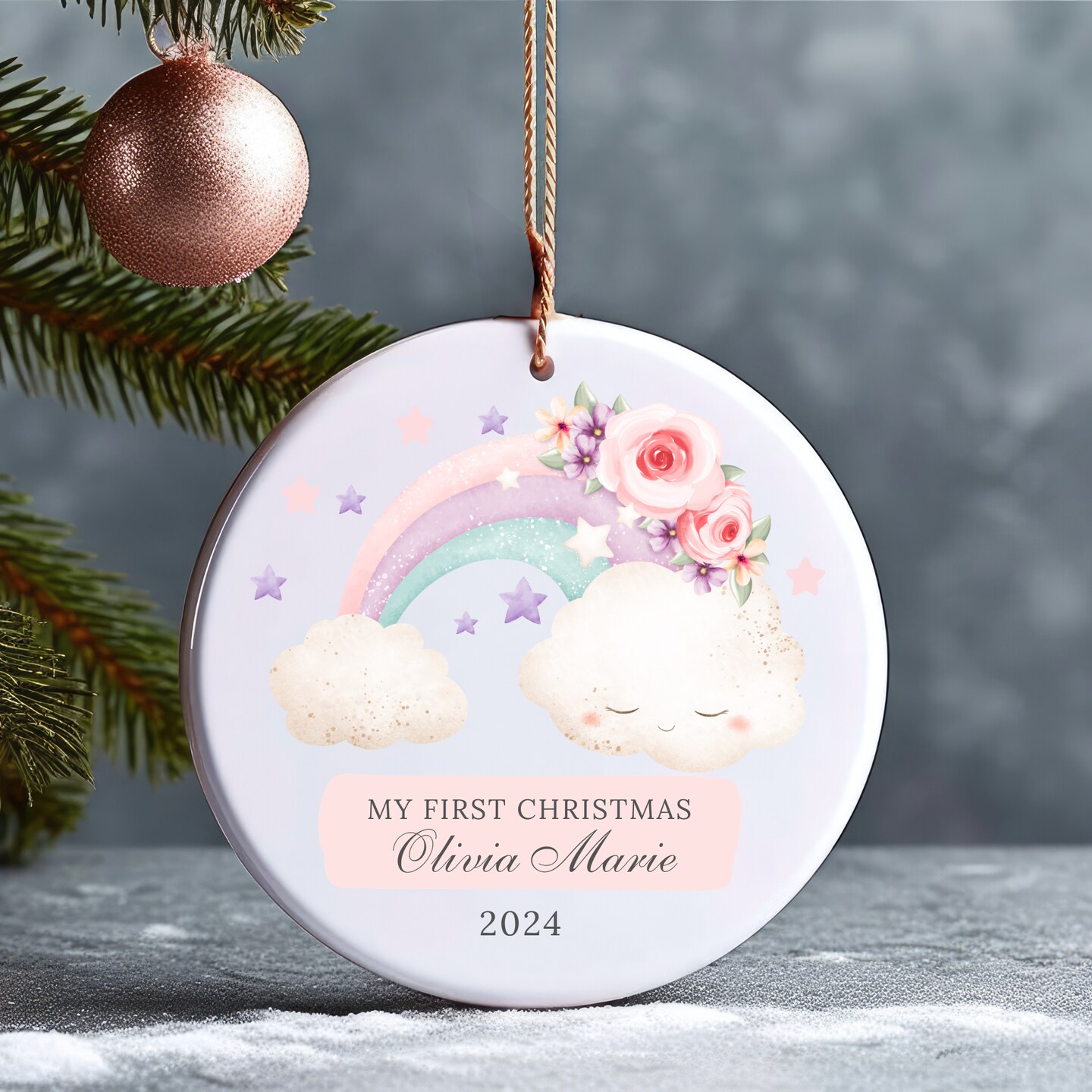 Baby Girl My First Christmas 2024 Ornament, Pastel Colors Custom Name, Ready To Hang, Free Gift Box