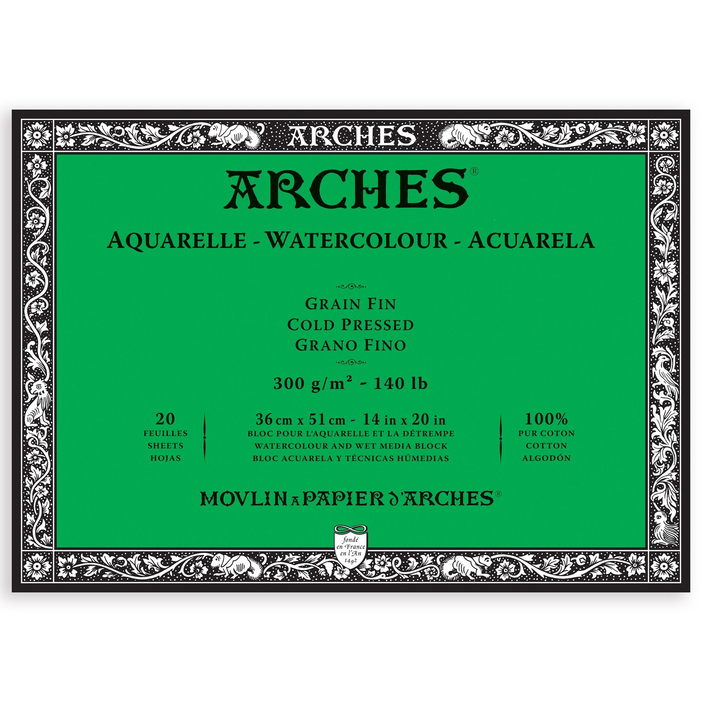 Arches Aquarelle Cold Pressed Watercolor Block 14"X20"- 140lb, 20 Sheets