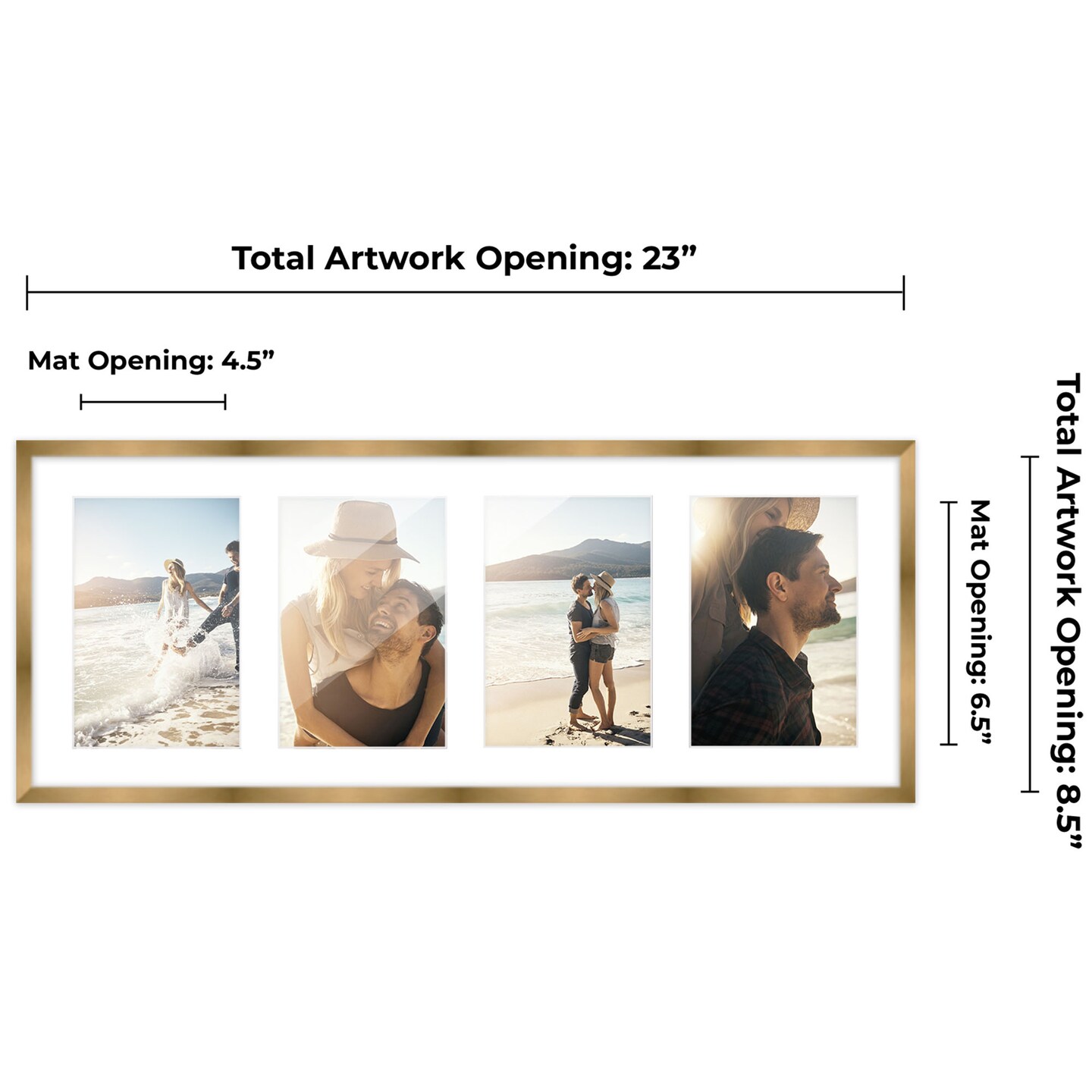Metallic Gold Bronze Finish Collage Frame - White Mat, 20 Frame Sizes to Choose From, UV Acrylic, Wall Hanging Hardware, Vertical or Horizontal Display