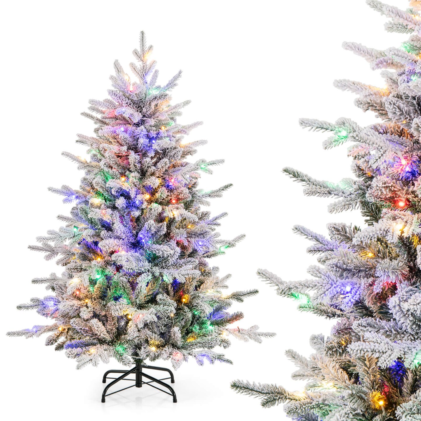 Costway 4.5/6/7 FT Flocked Christmas Tree with 8 Lighting Modes 160/260/350 Multi-Color LED Lights