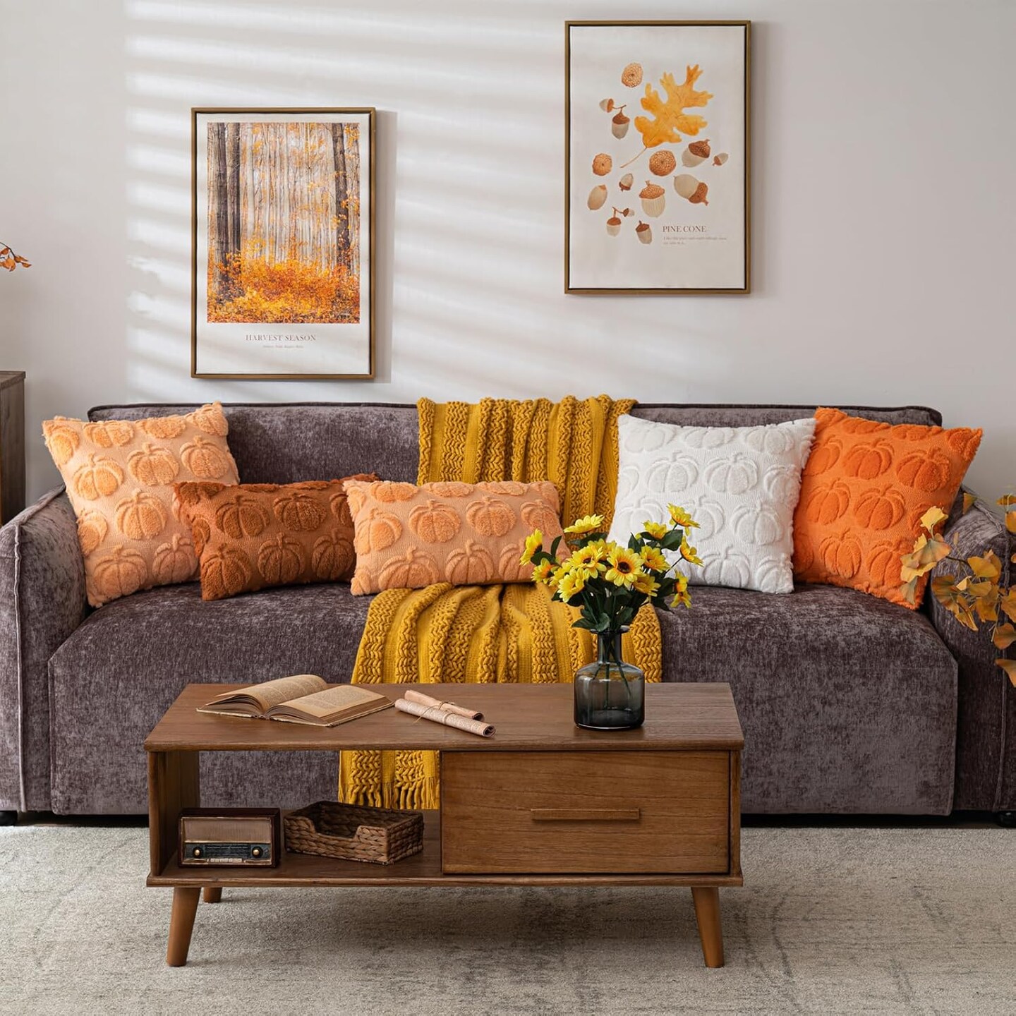 Pumpkin Fall Decorative Throw Pillow Covers 20"x20", Set of 2 Orange Soft Faux Fur Pillow Covers for Autumn Harvest, Fluffy Plush Accent Pillow Cases for Farmhouse Couch Cushion Covers