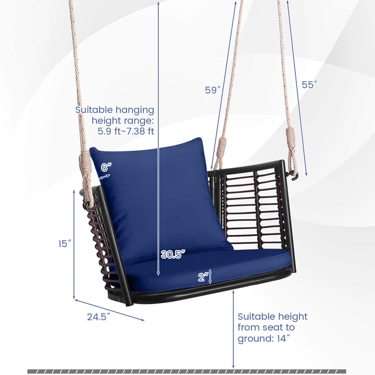 Costway Patio Hanging Rattan Basket Chair Swing Hammock Chair with Seat Cushion Navy/Grey/Beige