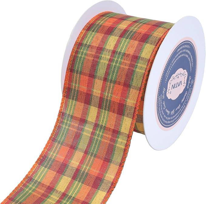 Fall Tartan Wired Ribbon 2-1/2 Inch x 10 Yard Orange, Red, Green, and Yellow Fall Plaid Ribbon for Large Bow Wreath, Gift Wrapping, and Tree Decoration